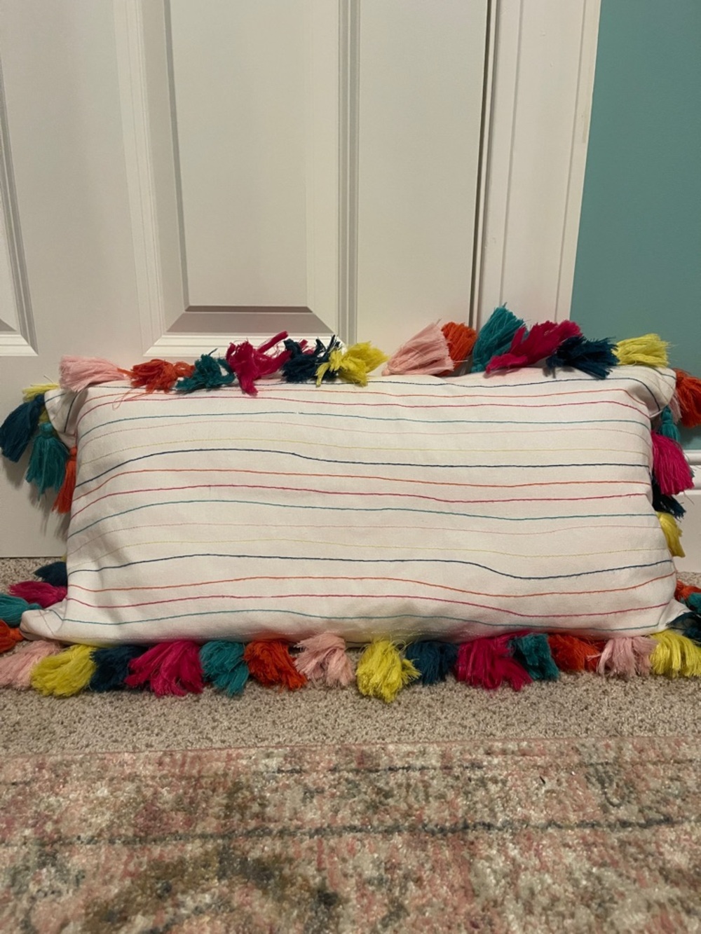 Pottery Barn Teen Multicolor Tassel Stripe Lumbar Pillow - White